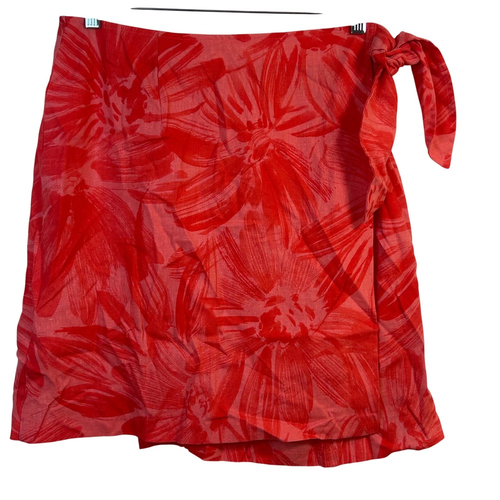 Coldwater‎ Creek Red Floral Linen Blend Wrap Skirt Petite Large PL Tie Side USA